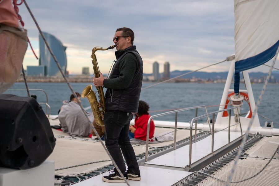 Barcelona: Catamaran Cruise with optional Live Jazz Music - Sailing, breeze, and the front net